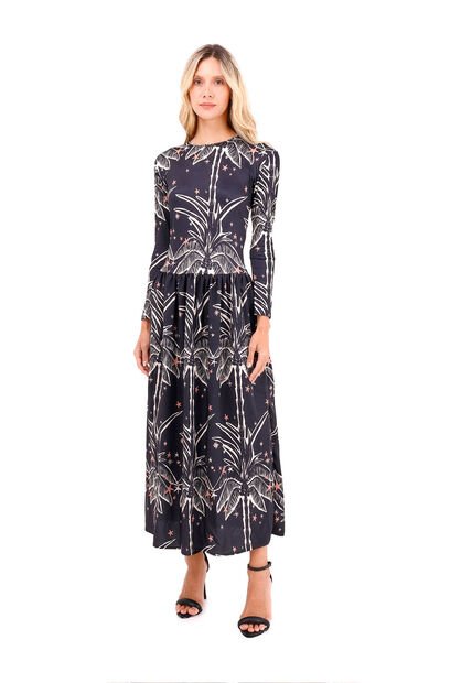 Vestido Largo Boheme Palmeras Negro Mercedes Campuzano