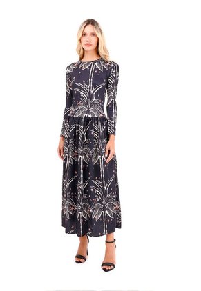 Vestido Largo Boheme Palmeras Negro Mercedes Campuzano