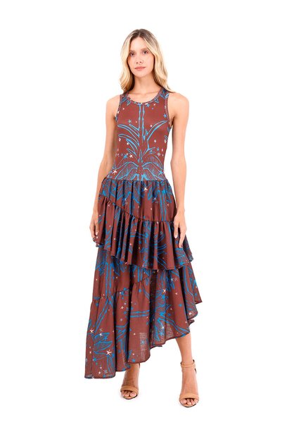 Vestido Largo Fuego Palmeras Terracota Mercedes Campuzano