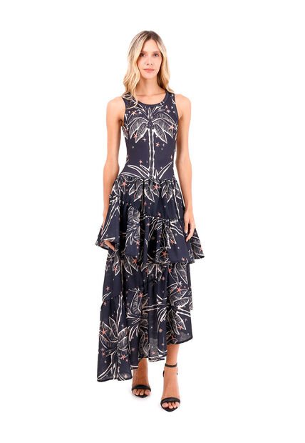 Vestido Largo Fuego Palmeras Negro Mercedes Campuzano