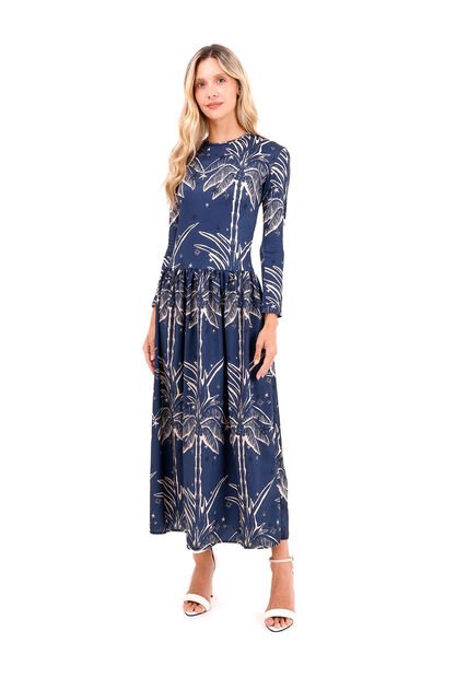 Vestido Largo Boheme Palmeras Azul Mercedes Campuzano