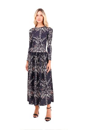 Vestido Largo Boheme Palmeras Negro Mercedes Campuzano