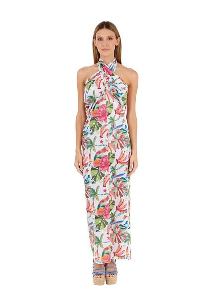 Vestido Largo Tropico Estampado Marfil Mercedes Campuzano