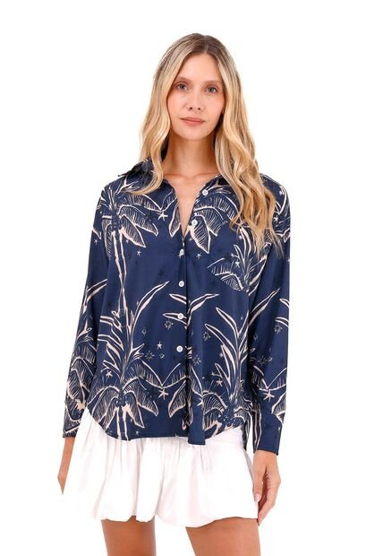 Camisa Boyfriend Haven Palmeras Azul Mercedes Campuzano