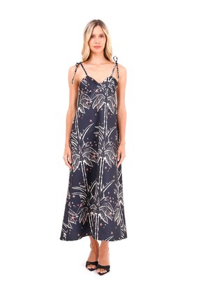 Vestido Largo Oceanic Palmeras Negro Mercedes Campuzano