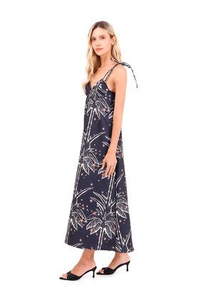 Vestido Largo Oceanic Palmeras Negro Mercedes Campuzano