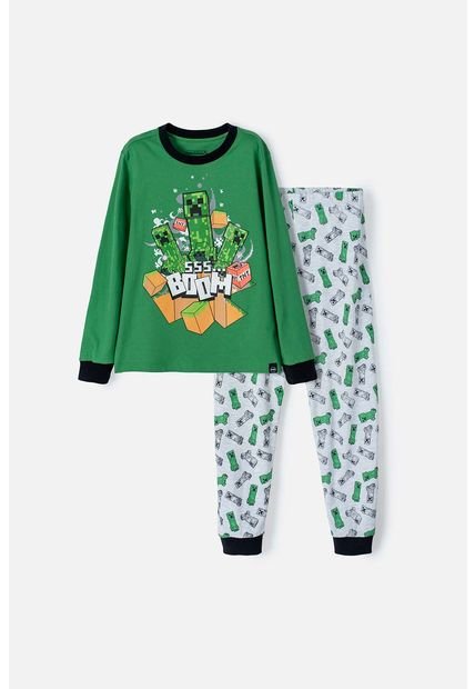 Pijama De Minecraft Verde Y Gris Jaspe De Pantalón Largo Para Niño 8