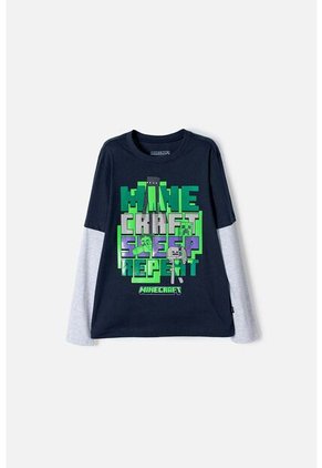 Camiseta De Minecraft Manga Larga Azul Para Niño 14