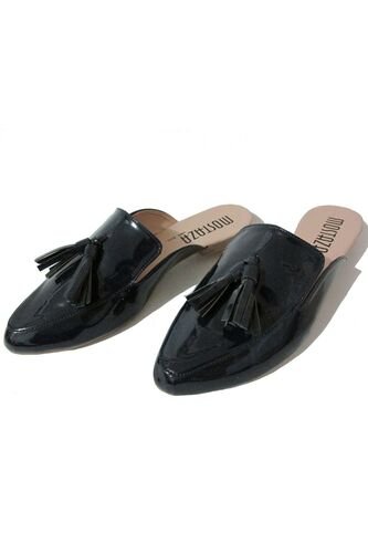Zuecos - Mules - Negros En Charol Con Escobillas Mostaza