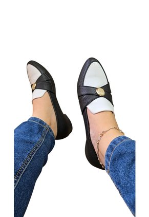 Baletas Negras Con Broche Oro Y Beige