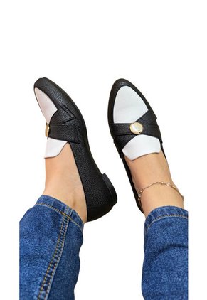 Baletas Negras Con Broche Oro Y Beige