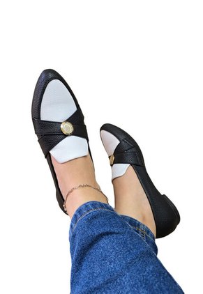 Baletas Negras Con Broche Oro Y Beige