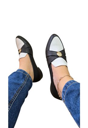 Baletas Negras Con Broche Oro Y Beige