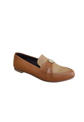 Mocasines Caramelo Suave Con Botón Oro Y Beige