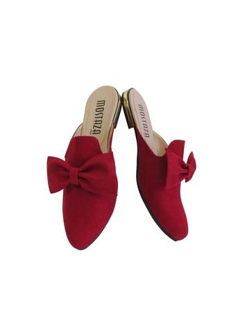 Zueco Elegante Rojo Vino Con Moño Mitad Mostaza