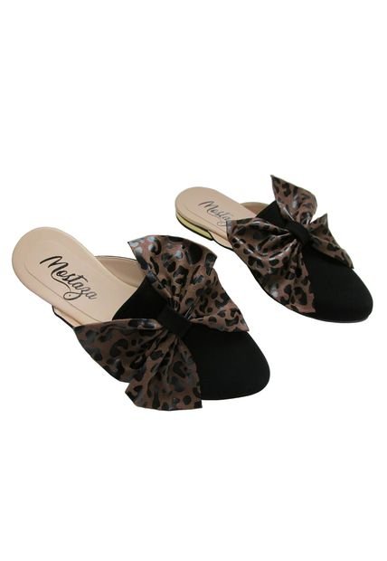 Zueco Negro Con Moño Animal Print