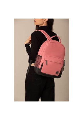 Bolso Tipo Tula Morral Estructurado Para Mujer En Sintetico Liso Con Textura Nubucada Y Bolsillo Frontal Con Mallas Laterales En Contraste