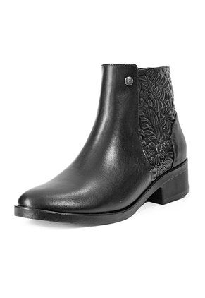 Botines Negros Grabado Floral En Cuero Para Mujer ORIGEN Fiorella