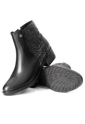 Botines Negros Grabado Floral En Cuero Para Mujer ORIGEN Fiorella