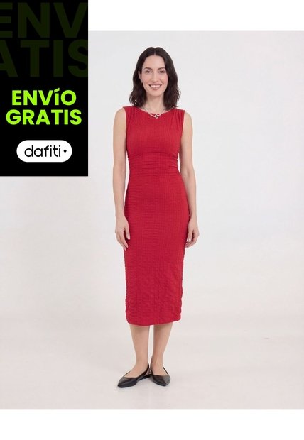 Vestido Midi Ajustado Manga Sisa  Para Mujer Rojo Ostu