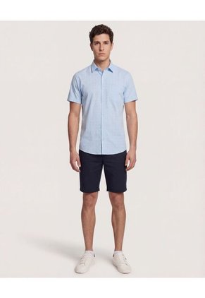 Camisa  Para Hombre Manga Corta Con Bolsillo Cuello C Color Azul Marca Ostu #60010881