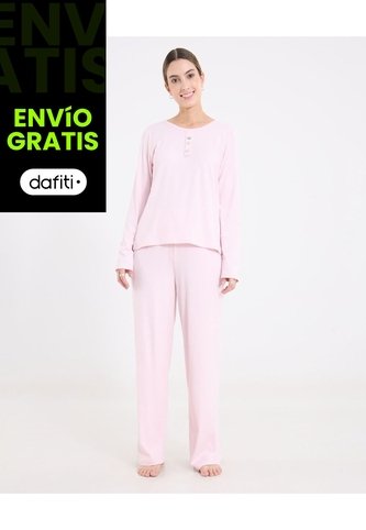 Pijama Manga Larga Con Botones  Para Mujer Rosado Ostu Ostu