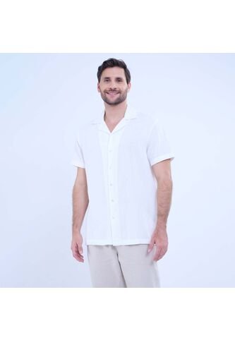 Camisa Para Hombre Manga Corta Sin Bolsillo Cuello Resort Color Crema Marca Ostu #60010778 Ostu