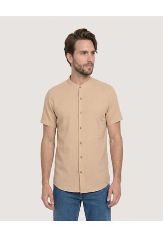 Camisa Manga Larga Con Bolsillo  Para Hombre Beige Ostu Ostu