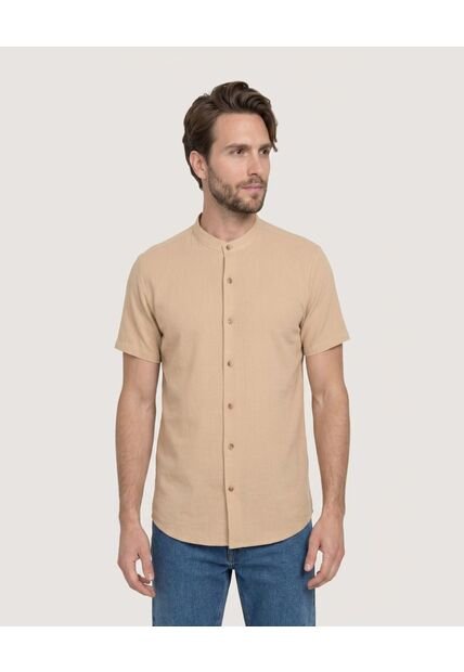Camisa Manga Larga Con Bolsillo  Para Hombre Beige Ostu