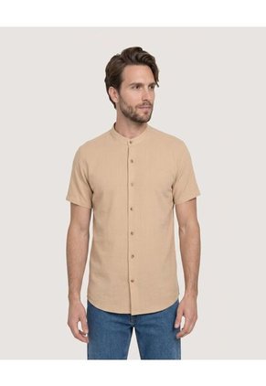 Camisa Manga Larga Con Bolsillo Para Hombre Beige Ostu