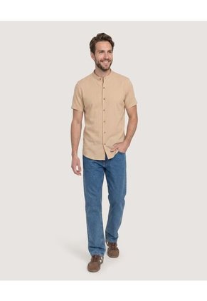 Camisa Manga Larga Con Bolsillo Para Hombre Beige Ostu