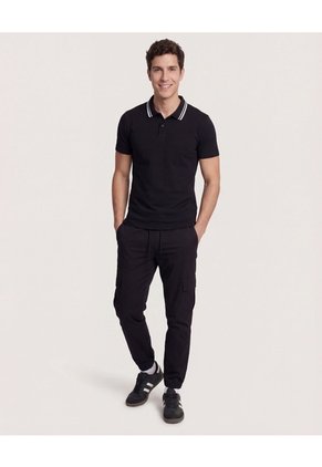 Polo  Para Hombre Cuello Tejido Sin Bolsillo Color Negro Marca Ostu #60110901