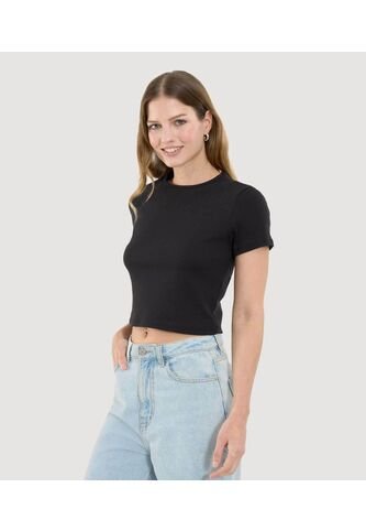 Crop Top Para Mujer Manga Corta Color Negro Marca Ostu #40091497 Ostu
