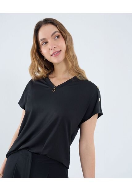 Camiseta Para Mujer Manga Corta Cuello V Color Negro Marca Ostu #40092404