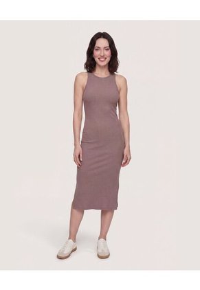 Vestido Midi Ajustado Manga Sisa Para Mujer Beige Ostu