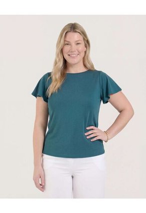 Camiseta Manga Corta Con Vuelos Para Mujer Verde Ostu