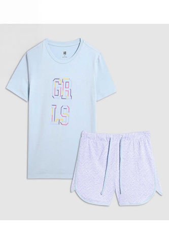 Pijama Para Niña M/C P/C Color Celeste Marca Ostu #90040067 Ostu