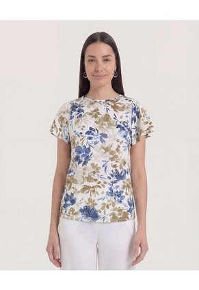 Camiseta Manga Corta Con Vuelos Para Mujer Beige Ostu