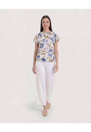 Camiseta Manga Corta Con Vuelos Para Mujer Beige Ostu