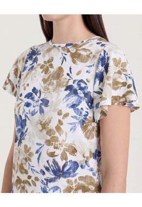 Camiseta Manga Corta Con Vuelos Para Mujer Beige Ostu