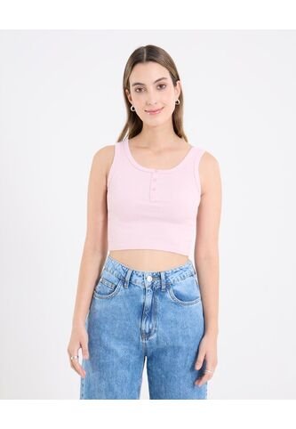 Camiseta Cropped En Rib Con Botones  Para Mujer Rosa Ostu Ostu
