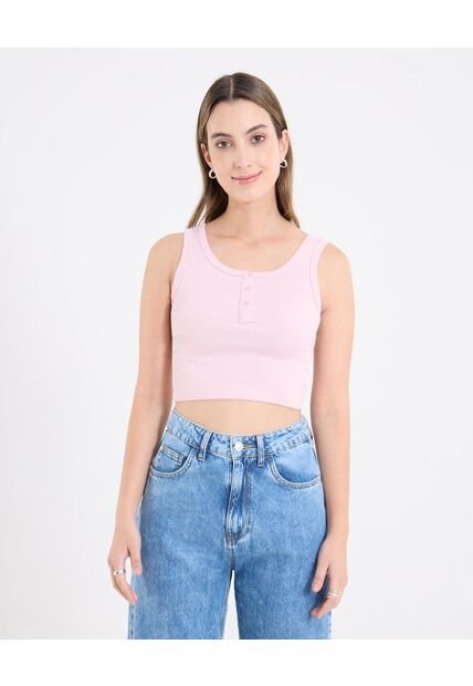 Camiseta Cropped En Rib Con Botones  Para Mujer Rosa Ostu