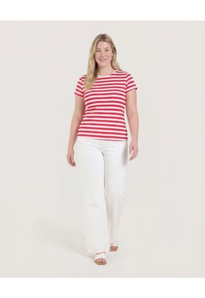 Camiseta Manga Corta A Rayas  Para Mujer Rojo Ostu