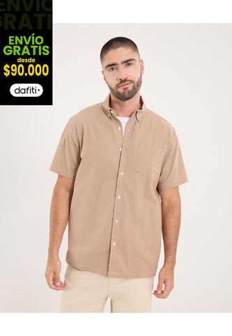 Camisa Para Hombre Manga Corta Con Bolsillo Cuello Button D Color Beige Marca Ostu #60010855 Ostu