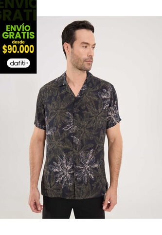 Camisa Para Hombre Manga Corta Sin Bolsillo Cuello Resort Color Negro Marca Ostu #60010846 Ostu