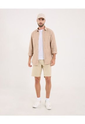 Camisa Para Hombre Manga Larga Con Bolsillo Cuello Casual M Color Beige Marca Ostu #60010817