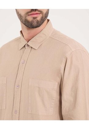 Camisa Para Hombre Manga Larga Con Bolsillo Cuello Casual M Color Beige Marca Ostu #60010817