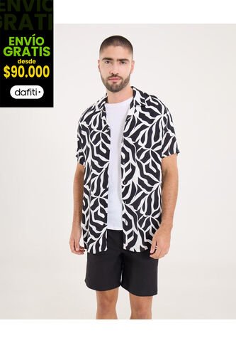 Camisa Para Hombre Manga Corta Sin Bolsillo Cuello Resort Color Negro Marca Ostu #60010845 Ostu