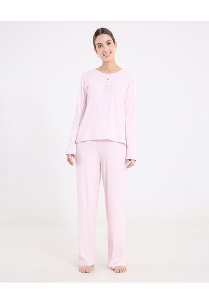 Pijama Manga Larga Con Botones  Para Mujer Rosado Ostu