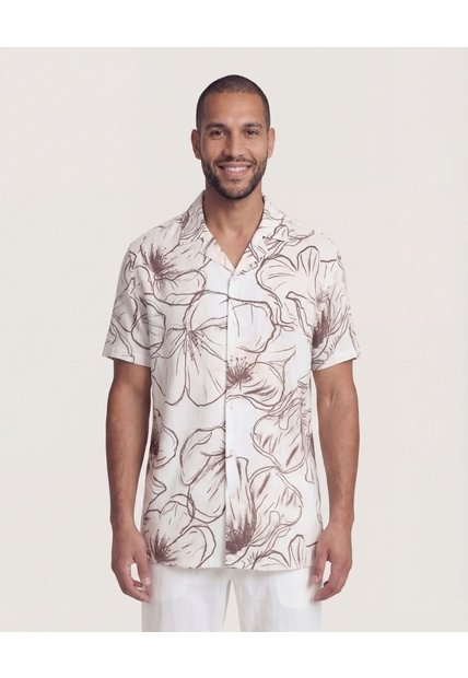 Camisa Resort Estampada  Para Hombre Beige Ostu